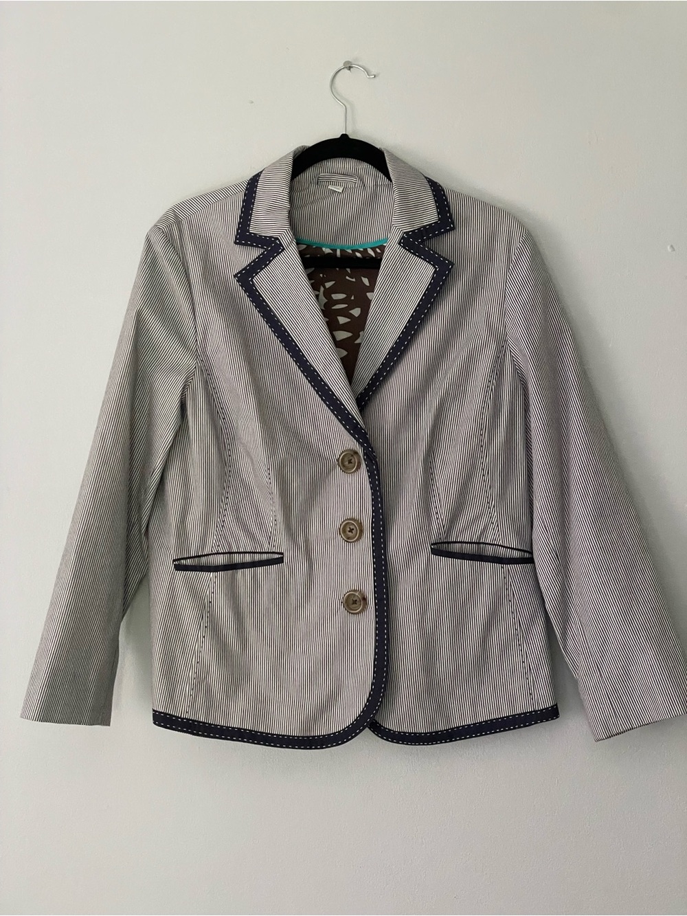 Boden Navy-Trim Gray Pinstripe Women's Blazer
